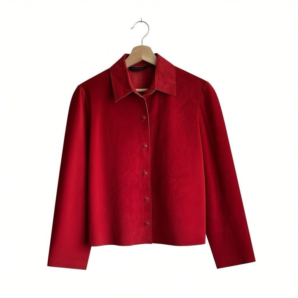 VTG Express Suede Leather Button Front Shirt S Y2K Red Western Grunge